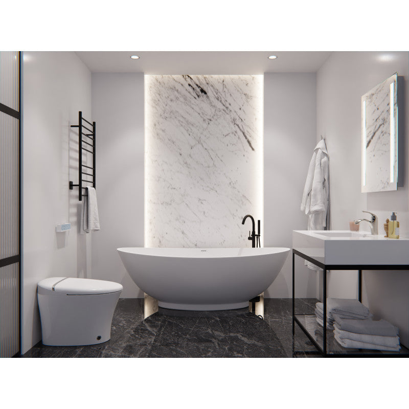 FT-AZ508 - Ala Series 74 in. x 34 in. Flat Bottom Solid Surface Freestanding Soaking Bathtub with Center Drain in Matte White