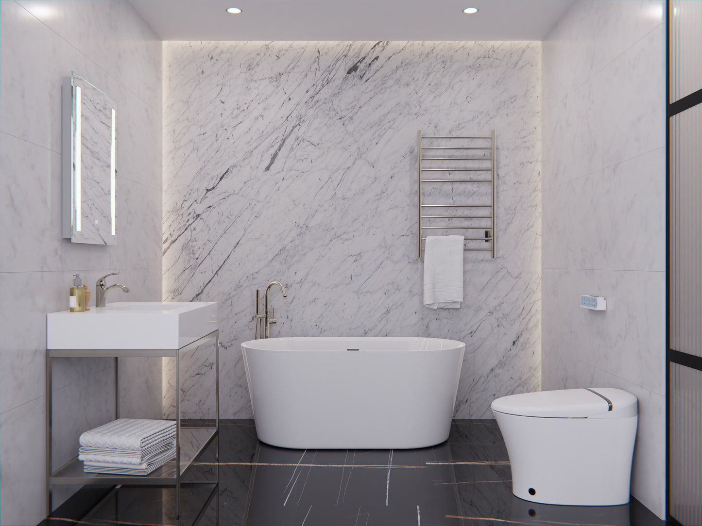 Chand Series 55 in. x 30 in. Flat Bottom Acrylic Freestanding Soaking Bathtub with Center Drain in Glossy White