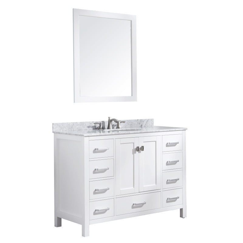 VT-MRCT0048-WH - Chateau 48 in. W x 22 in. D Bath Vanity Set in White with Vanity Top in Carrara Marble with White Sink and Mirror
