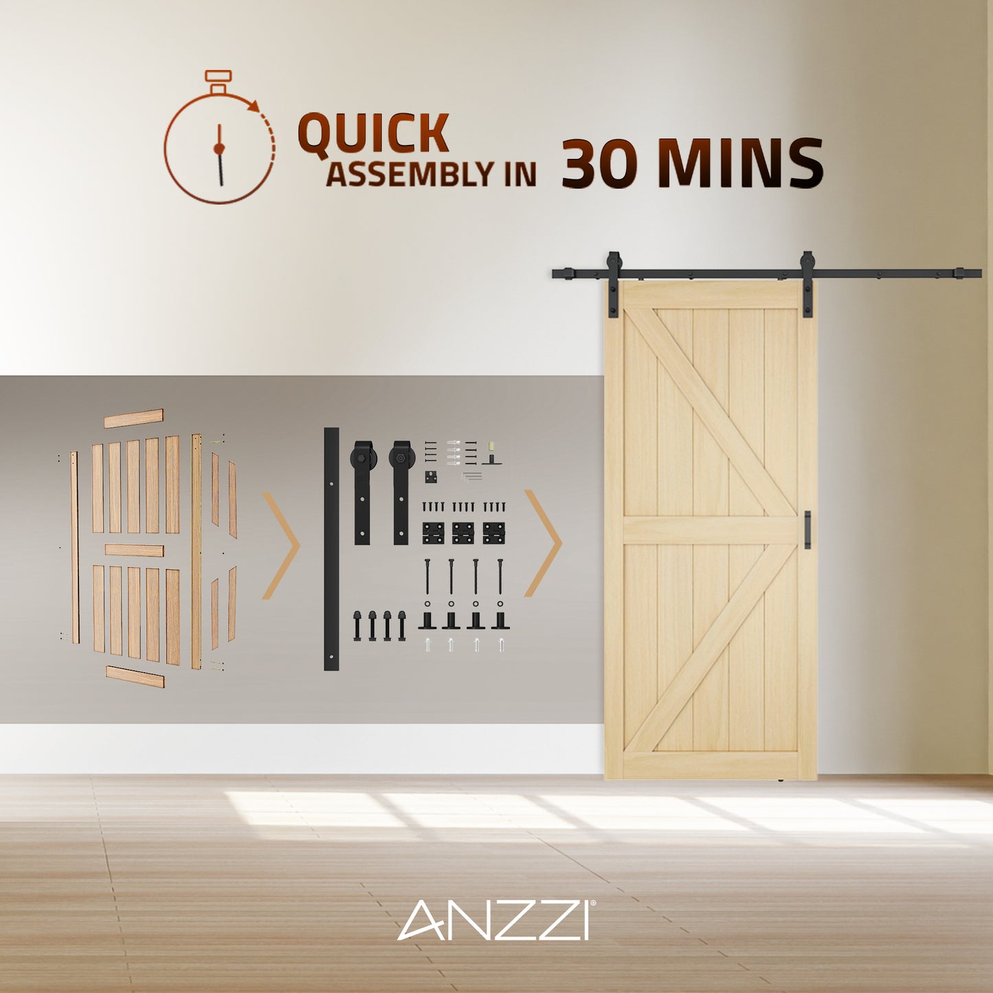 Mammoth Series 36 in. x 84 in. All Natural Finish MDF Interior Sliding Barn Door with Hardware Kit in Matte Black