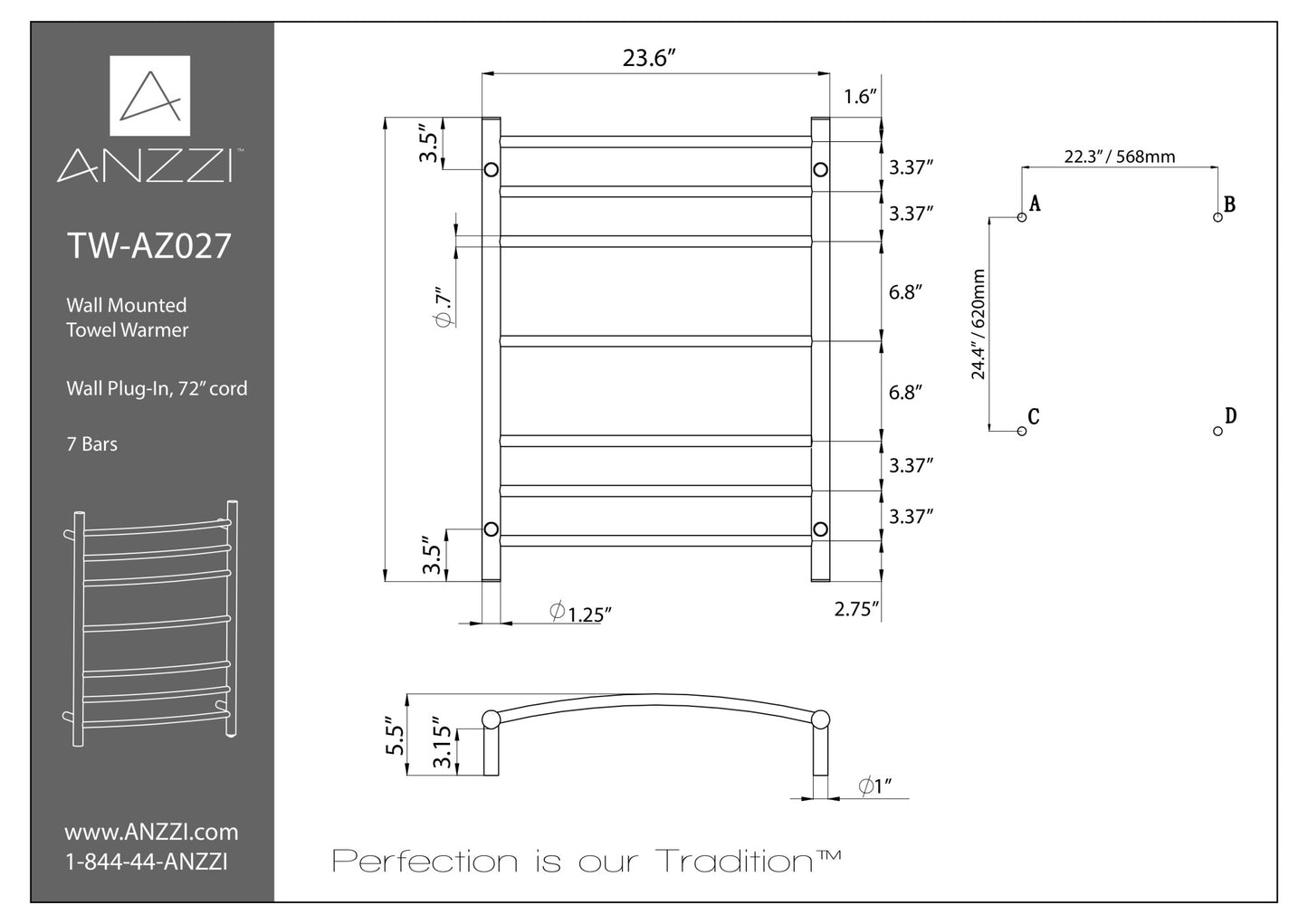 Gown 7-Bar Stainless Steel Wall Mounted Towel Warmer