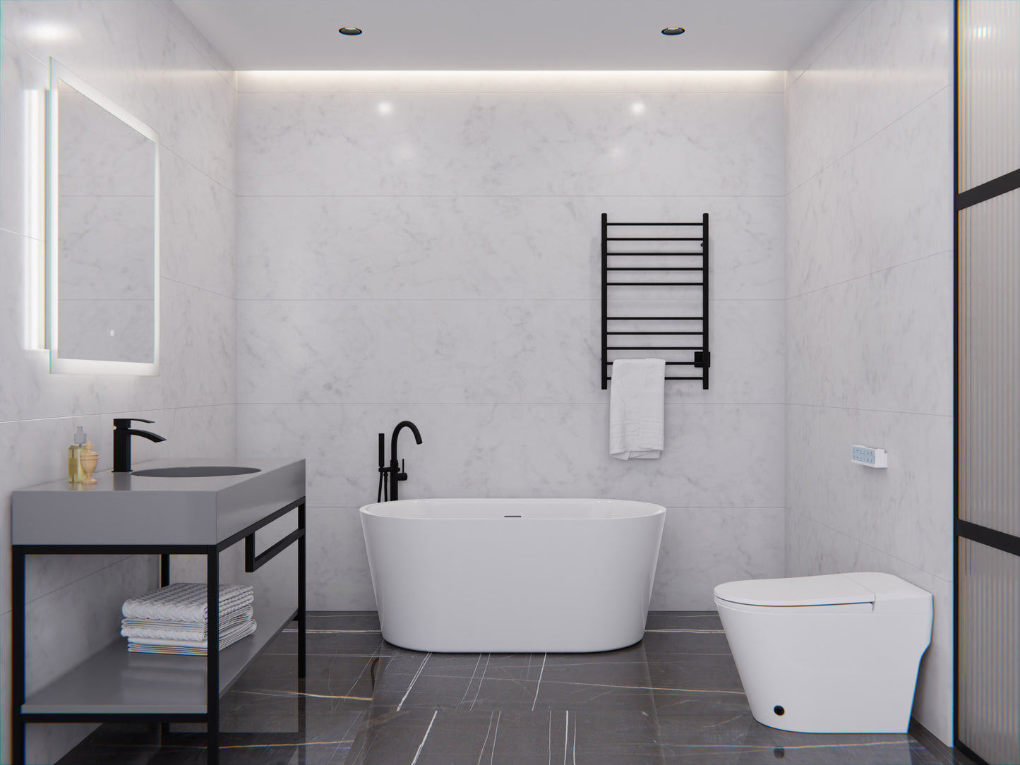 Chand Series 59 in. x 30 in. Flat Bottom Acrylic Freestanding Soaking Bathtub with Center Drain in Glossy White