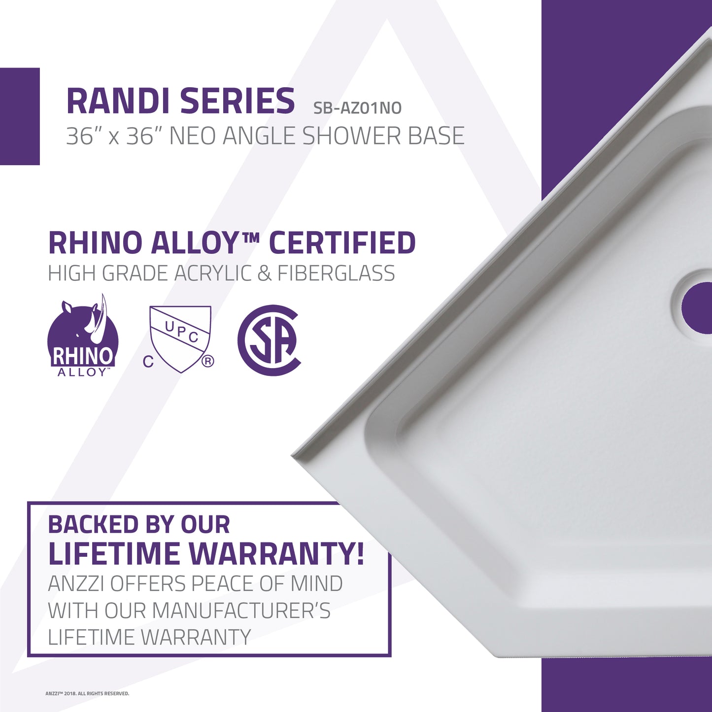 Randi Base Series 36 in. L x 36 in. W Corner Shower Shower Pan Base with Center Drain in Glossy White Marine Acrylic
