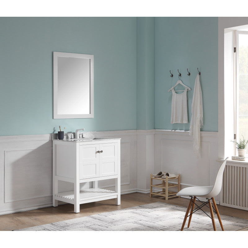VT-MRCT1030-WH - Montaigne 30 in. W x 22 in. D Vanity in White with Marble Vanity Top in Carrara White with White Basin and Mirror