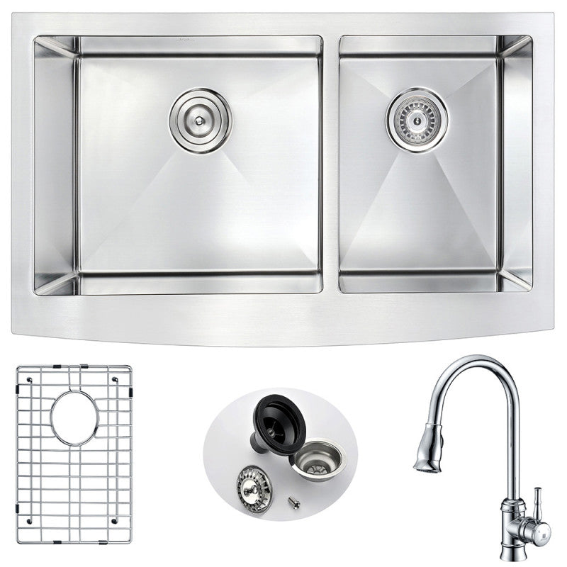 K36203A-044 - Elysian Farmhouse 36 in. Double Bowl Kitchen Sink with Sails Faucet in Polished Chrome