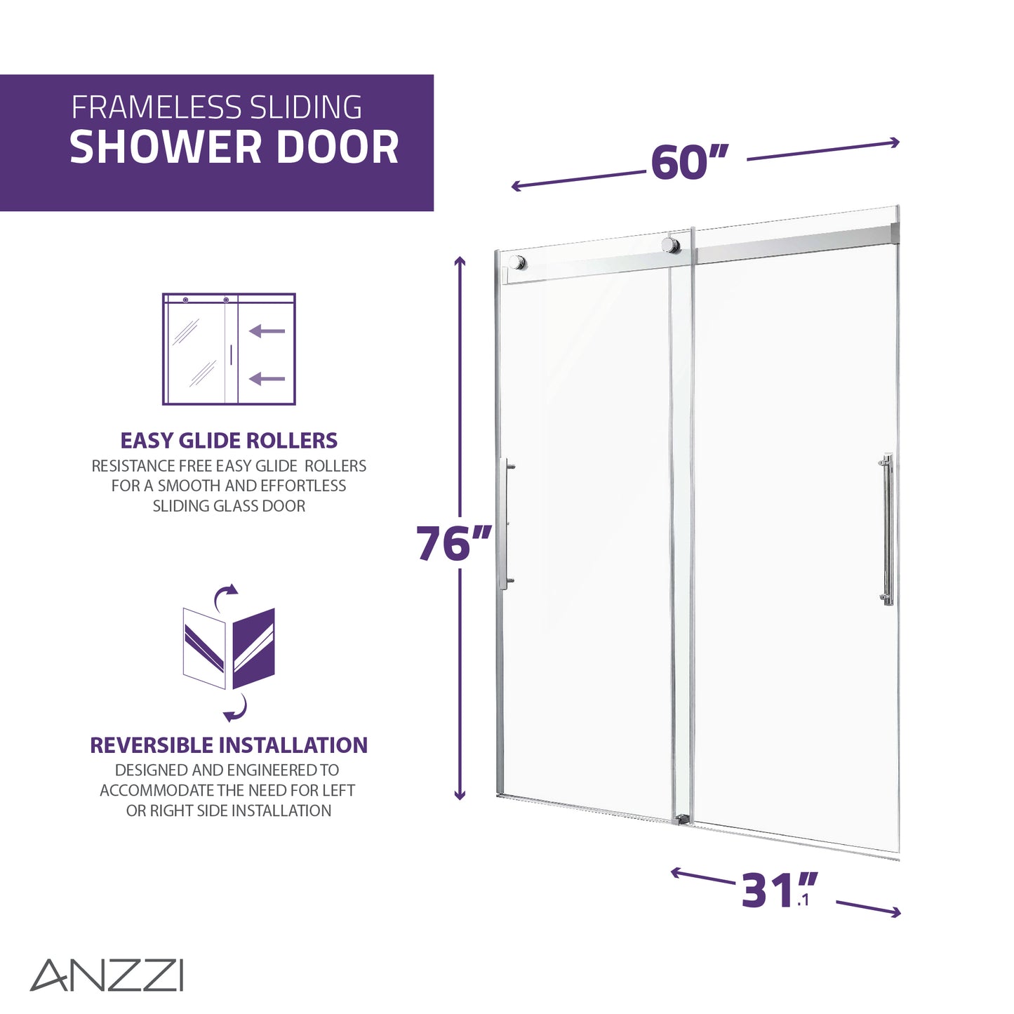 Stellar Series 60 in. x 76 in. Frameless Sliding Shower Door with Handle