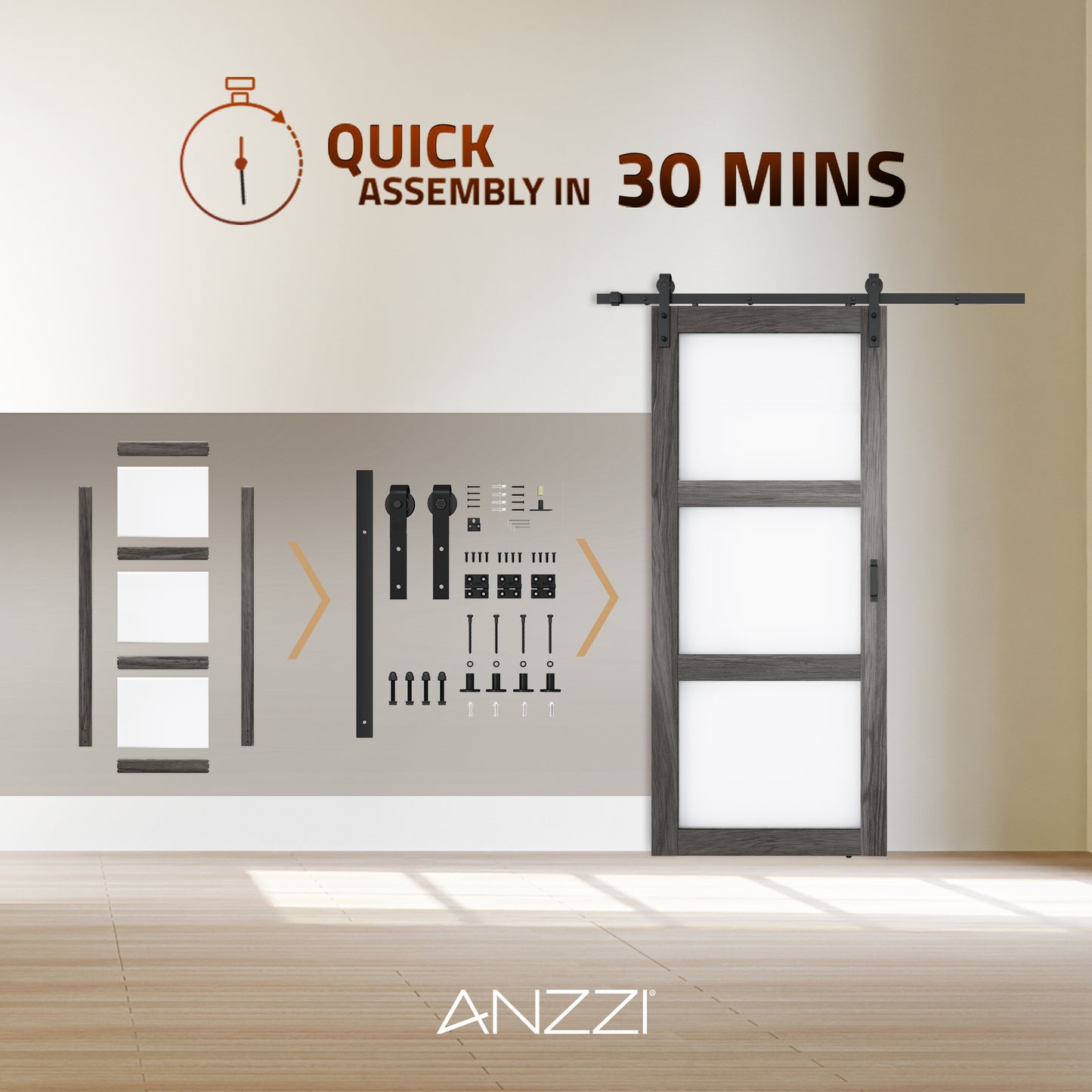 Sonora Series 36 in. x 84 in. Dark Gray MDF Interior Sliding Barn Door with Frosted Glass and Hardware Kit in Matte Black