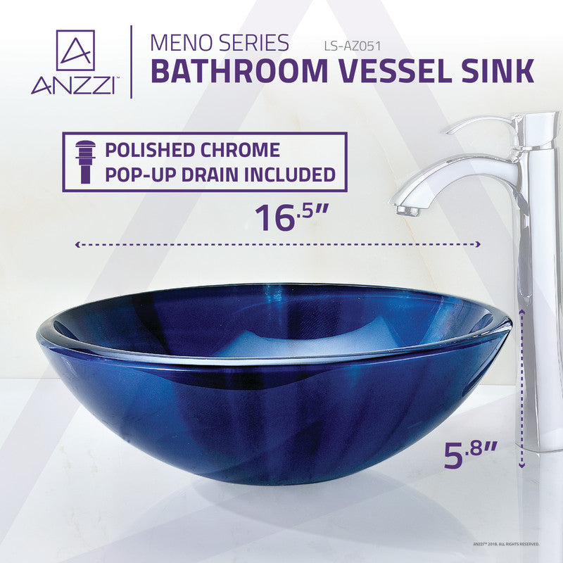 Meno Series 17 in. Bathroom Vessel Sink with Scratch-Tough and Stain-Resistant Non-Porous Surface in Lustrous Blue Glass