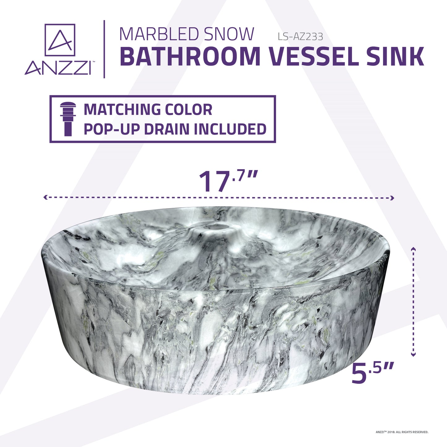 Marbled Series Ceramic Vessel Sink in Marbled Snow Finish