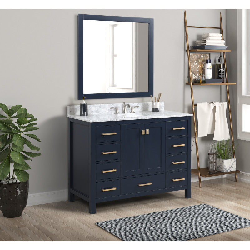 VT-MRCT0048-NB - Chateau 48 in. W x 22 in. D Bath Vanity Set in Navy Blue with Vanity Top in Carrara Marble Top and White Sink and Mirror