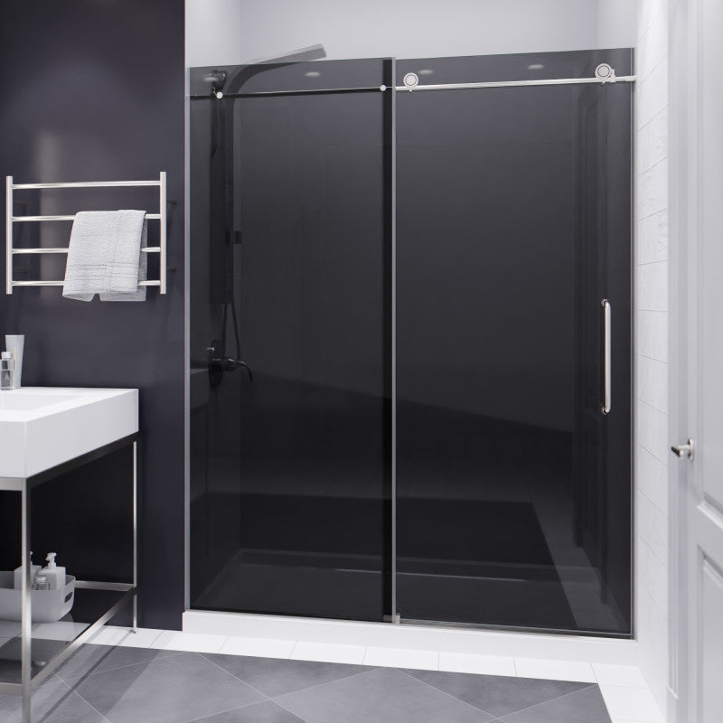 SD-AZ8077-02BNT - Leon Series 60 in. x 76 in. H Sliding Frameless Shower Door in Brushed Nickel  with Tsunami Guard Tempered Glass