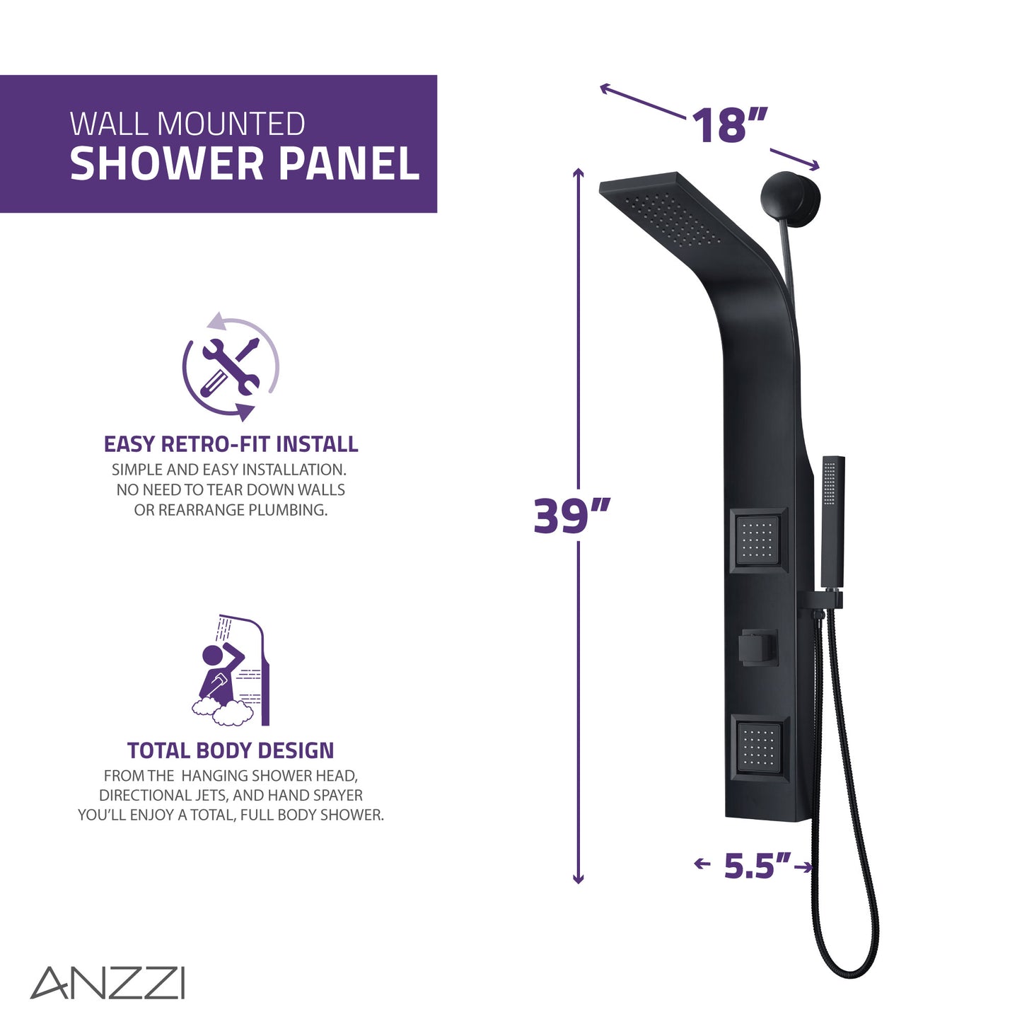 Aura 2-Jetted Shower Panel with Heavy Rain Shower & Spray Wand