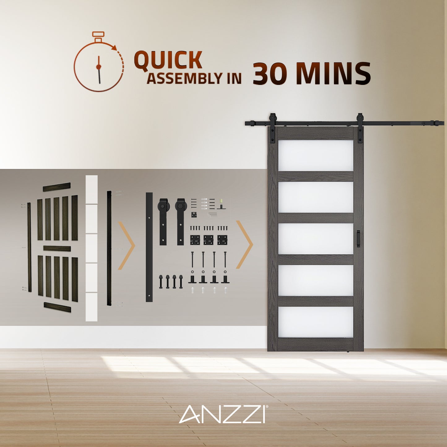 Frasassi Series 36 in. x 84 in. Light Wood MDF Interior Sliding Barn Door with Frosted Glass and Hardware Kit in Matte Black