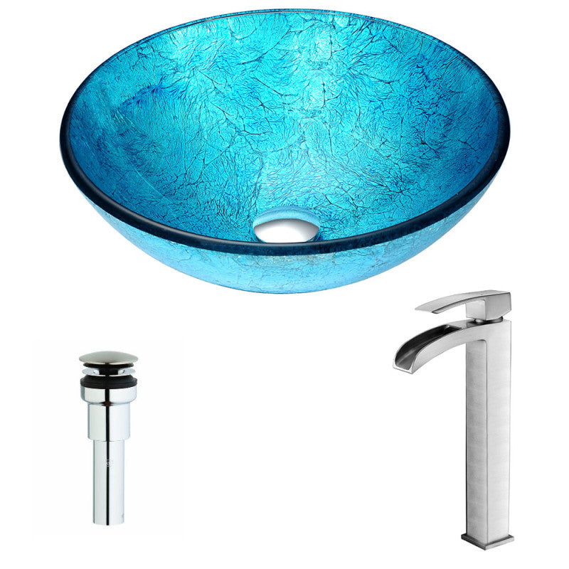 LSAZ047-097B - Accent Series Deco-Glass Vessel Sink in Blue Ice with Key Faucet in Brushed Nickel
