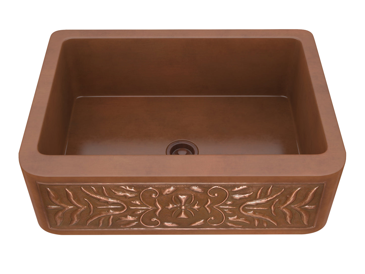 Orchard Farmhouse Handmade Copper 30 in. 0-Hole Single Bowl Kitchen Sink with Flower Design Panel in Polished Antique Copper