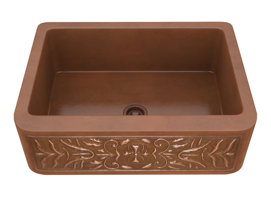 Orchard Farmhouse Handmade Copper 30 in. 0-Hole Single Bowl Kitchen Sink with Flower Design Panel in Polished Antique Copper