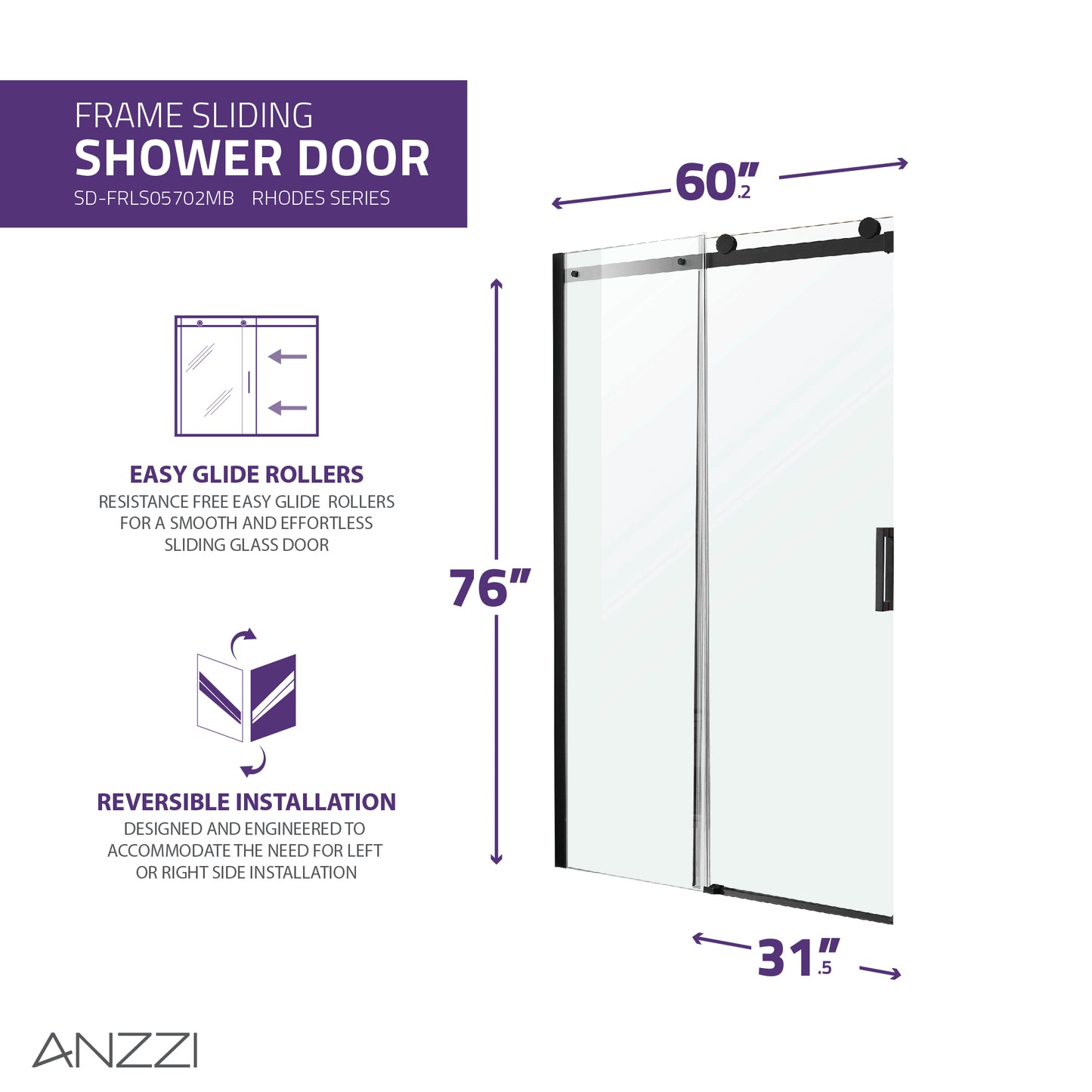 Rhodes Series 60 in. x 76 in. Frameless Sliding Shower Door with Handle