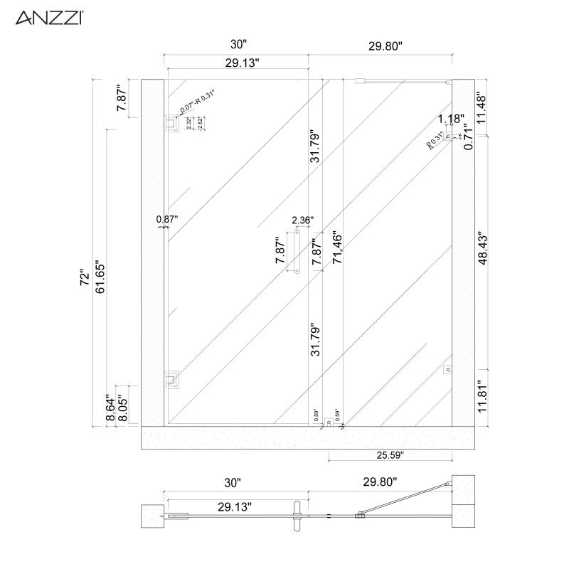 Consort Series 60 in. by 72 in. Frameless Hinged Alcove Shower Door in Brushed Nickel with Handle