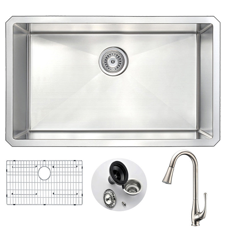 KAZ3018-042 - VANGUARD Undermount 30 in. Single Bowl Kitchen Sink with Singer Faucet in Brushed Nickel