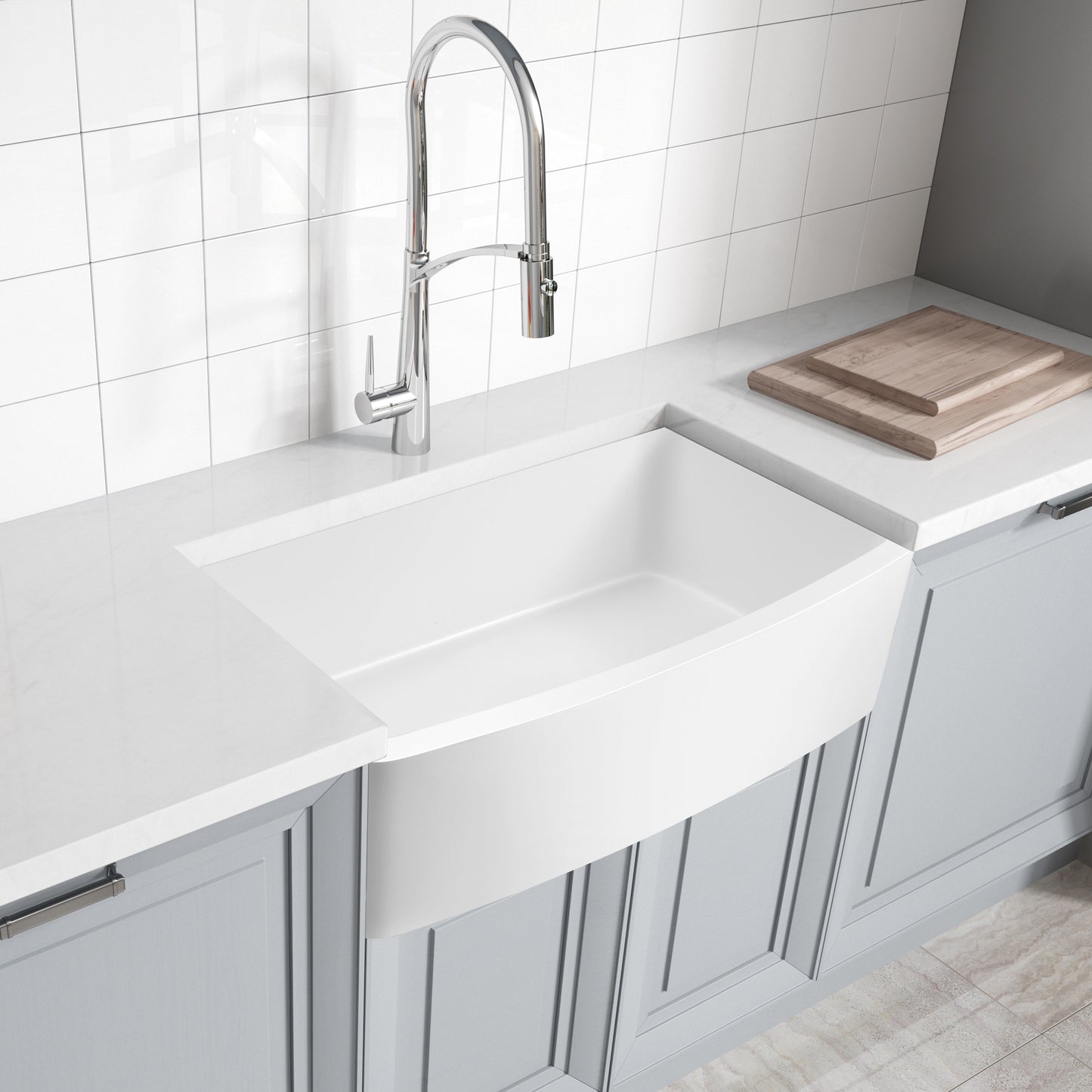 Mesa Series Farmhouse Solid Surface 33 in. 0-Hole Single Bowl Kitchen Sink with 1 Strainer in Matte White