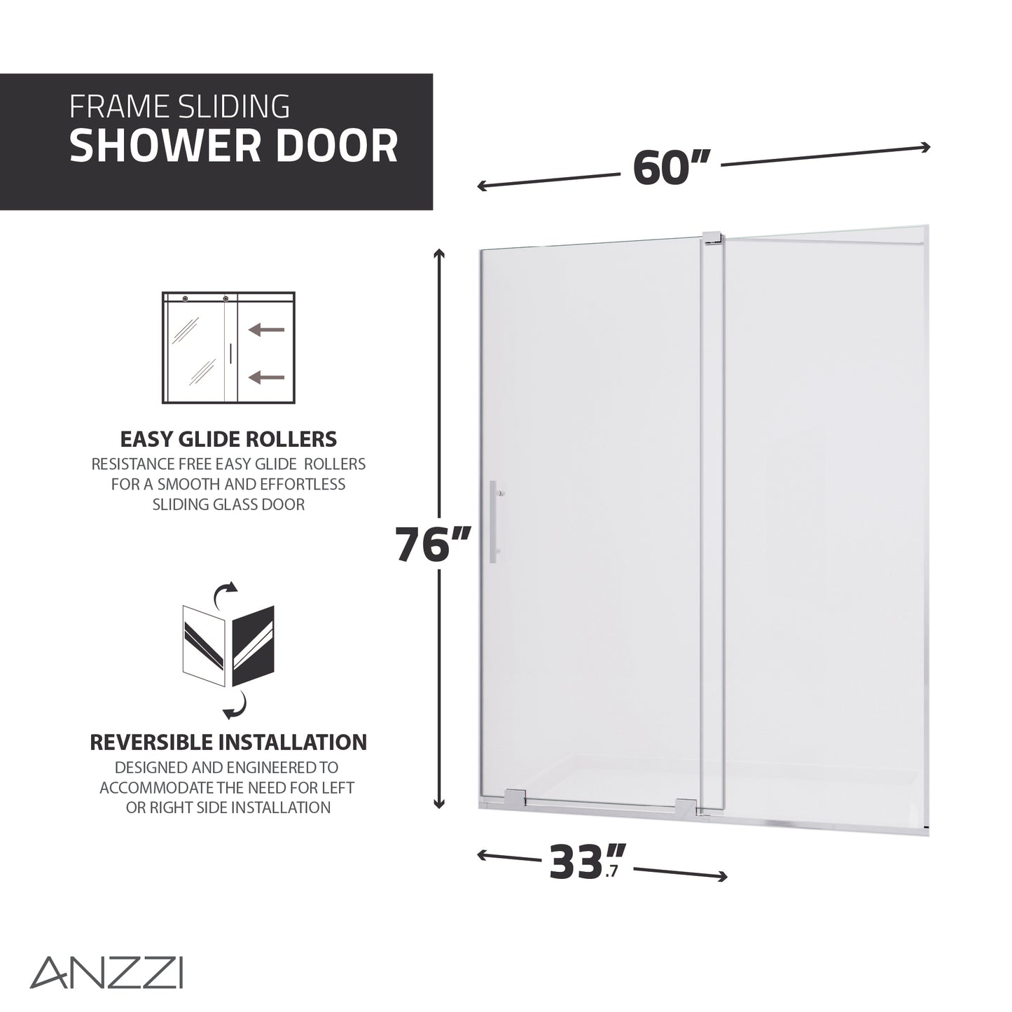 Longboat Series 60 in. x 76 in. Semi-Frameless Shower Door with TSUNAMI GUARD