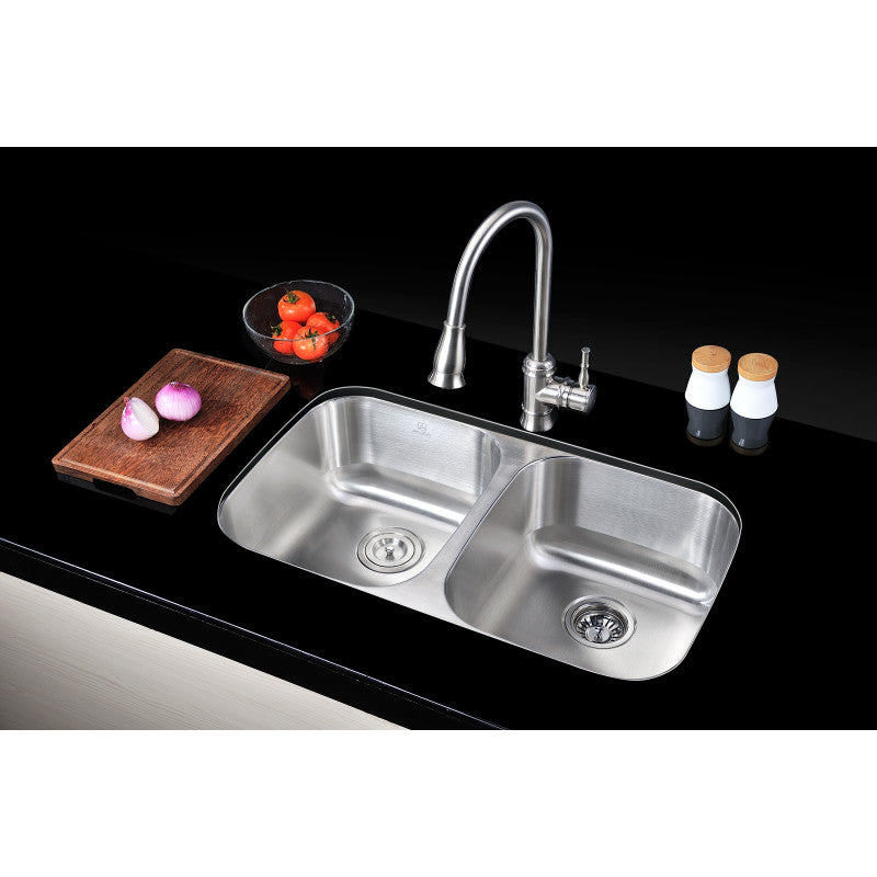 Moore Undermount Stainless Steel 32 in. 0-Hole 50/50 Double Bowl Kitchen Sink in Brushed Satin