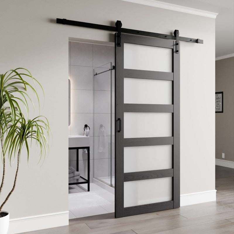 ID-AZBD06 - Frasassi Series 36 in. x 84 in. Light Wood MDF Interior Sliding Barn Door with Frosted Glass and Hardware Kit in Matte Black
