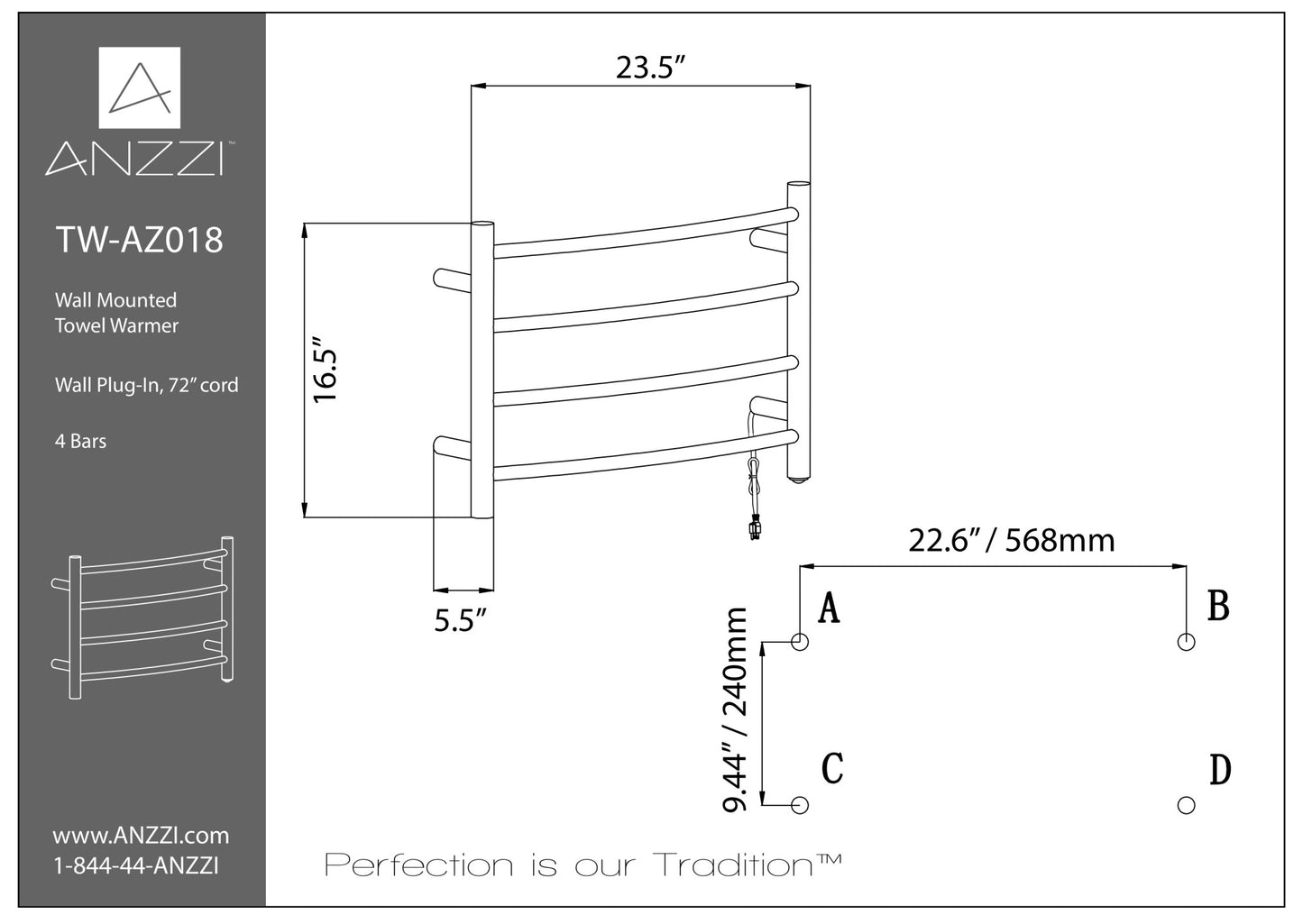 Glow 4-Bar Stainless Steel Wall Mounted Towel Warmer