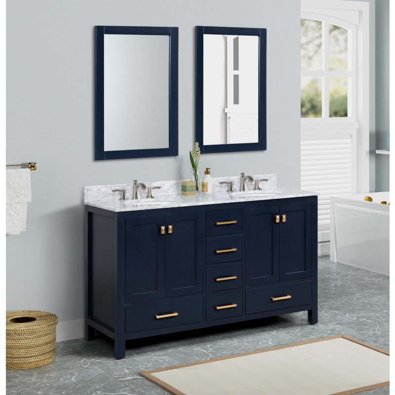 VT-MRCT0060-NB - 60 in. W x 22 in. D x 36 in. H Bath Vanity Set in Dark Blue with Vanity Top in White with 2-White Basins and Mirrors