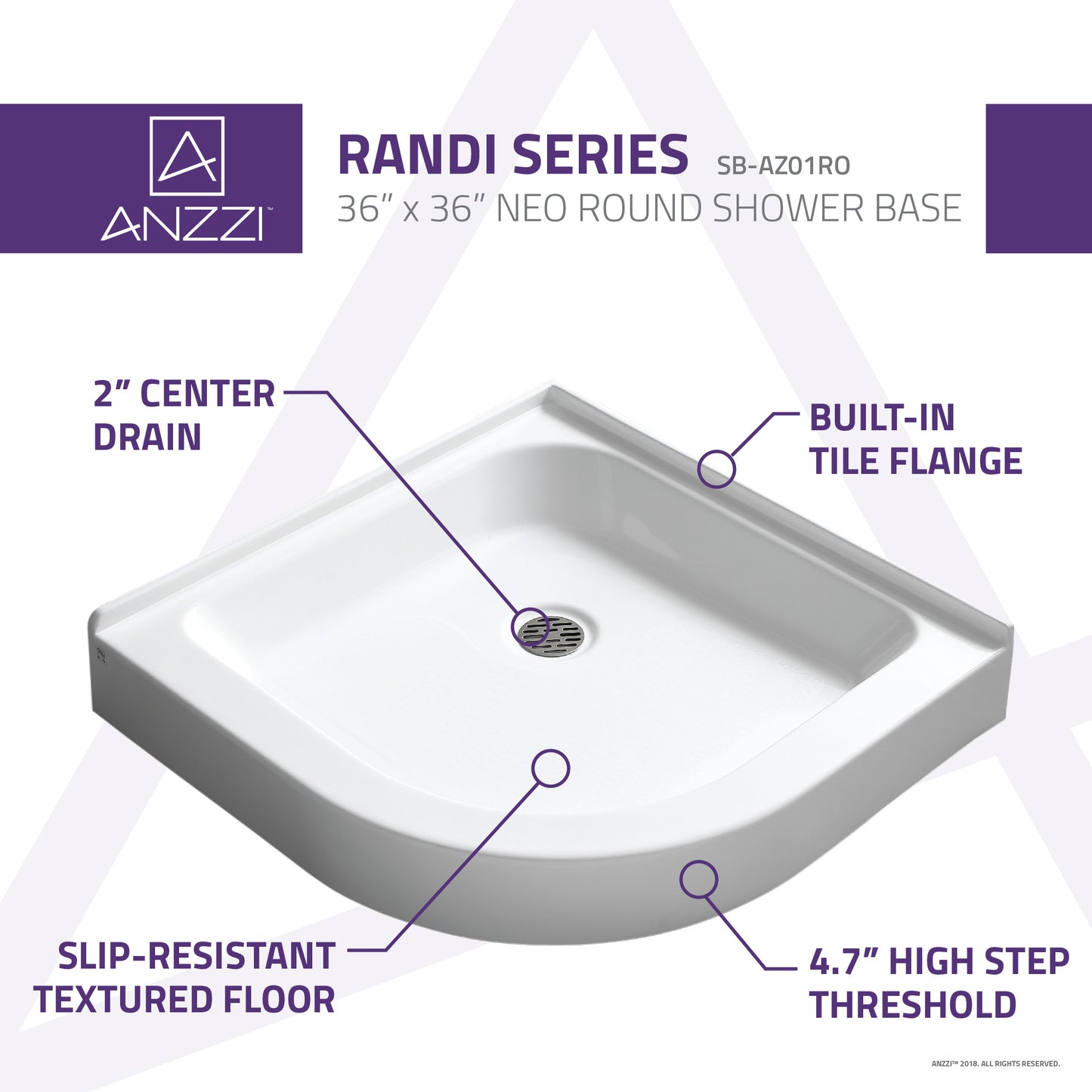 36 x 36 in. Neo-Round Double Threshold Shower Base in White