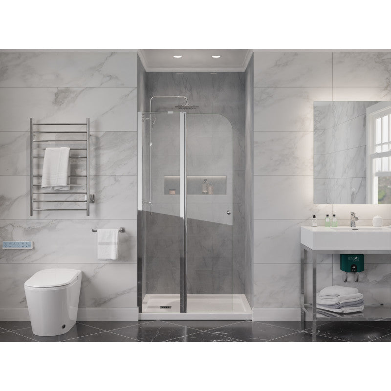 SD-AZ14-01CH - Romance Series 33.3 in. x 72 in. H Hinged Frameless Shower Door in Chrome with Tsunami Guard Tempered Clear Glass