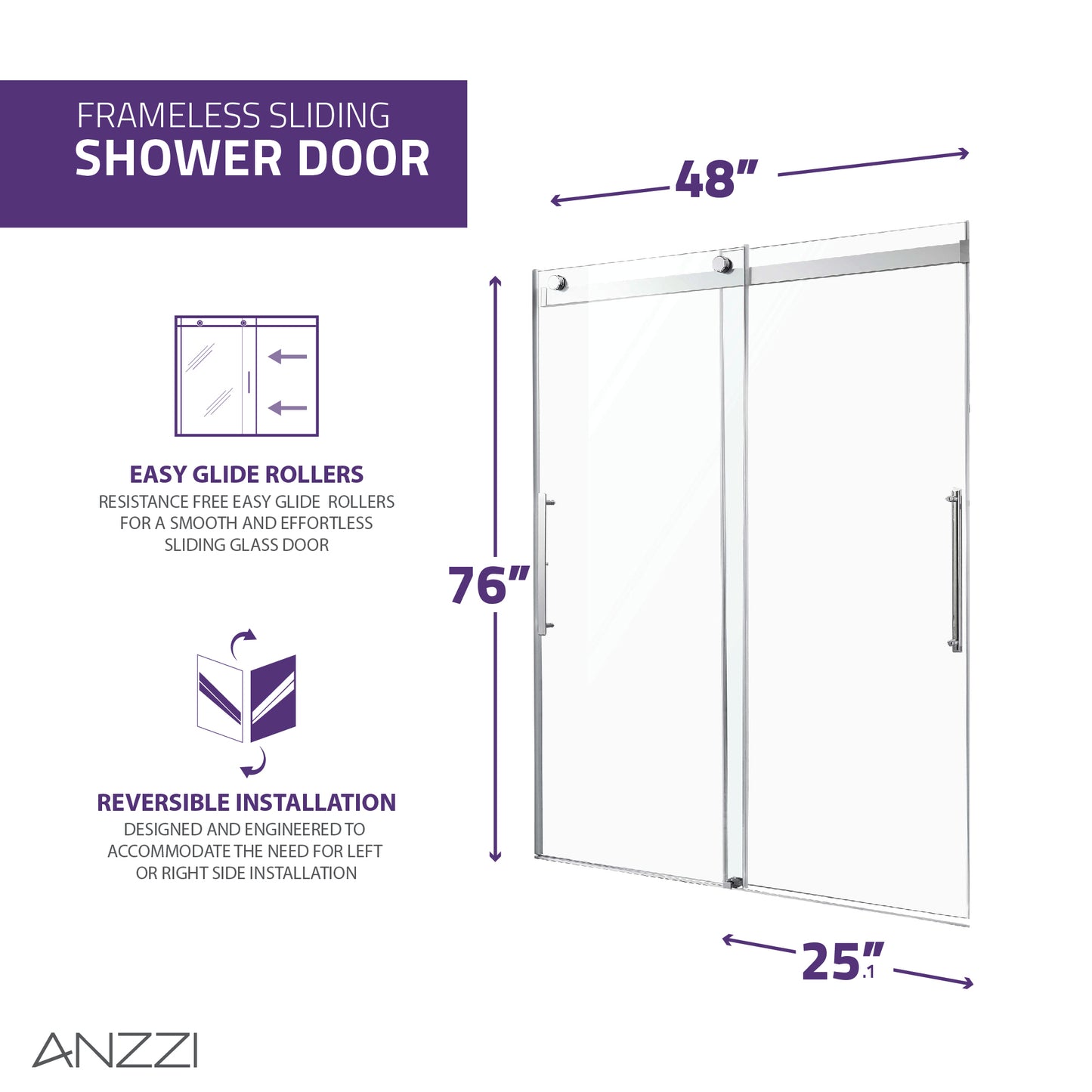 Stellar Series 48 in. x 76 in. Frameless Sliding Shower Door with Handle