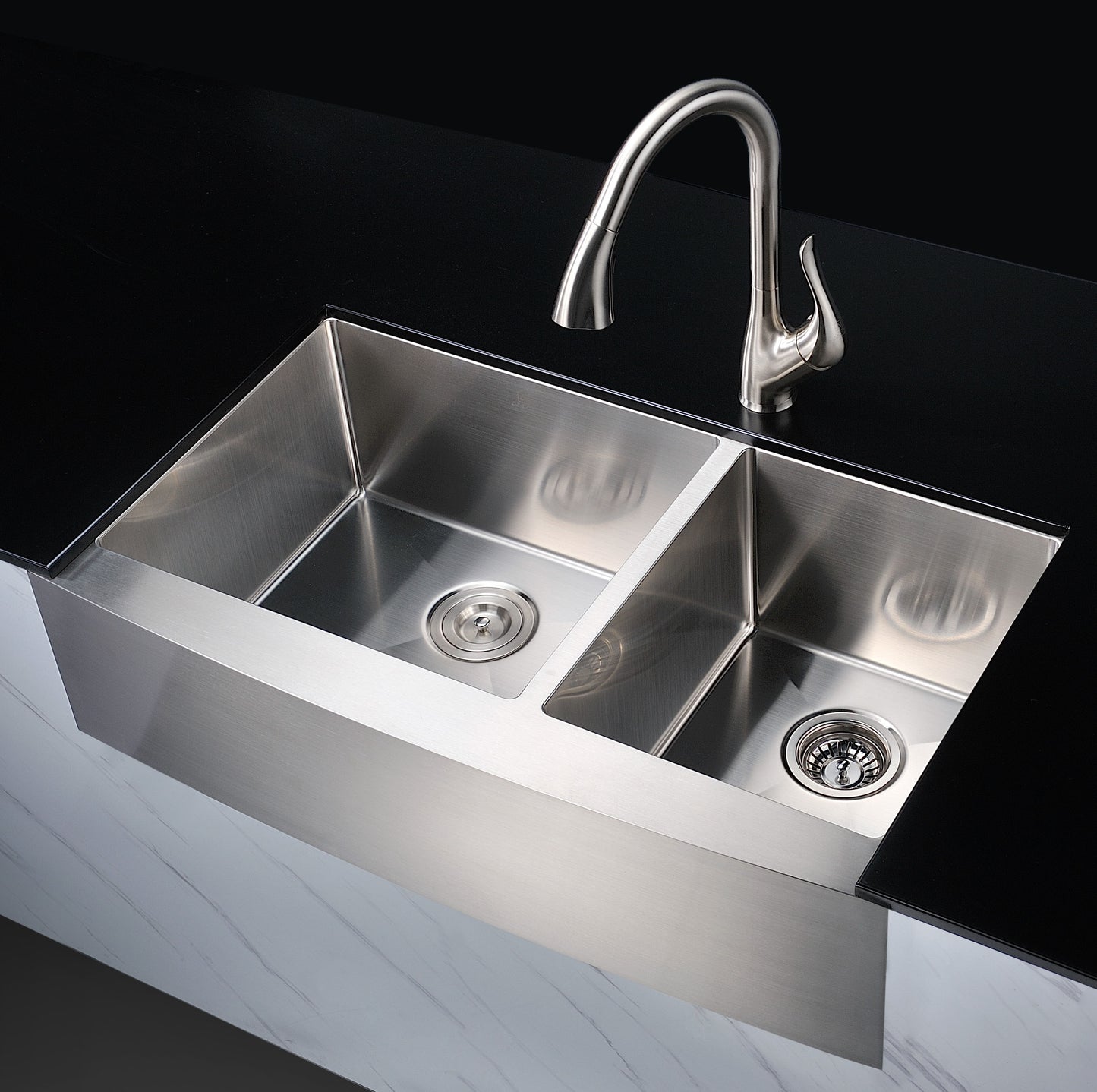 Elysian Farmhouse Stainless Steel 36 in. 0-Hole 60/40 Double Bowl Kitchen Sink in Brushed Satin
