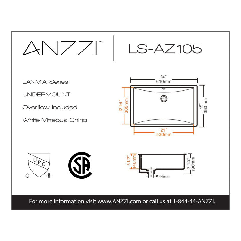 Lanmia Series 24 in. Ceramic Undermount Sink Basin in White