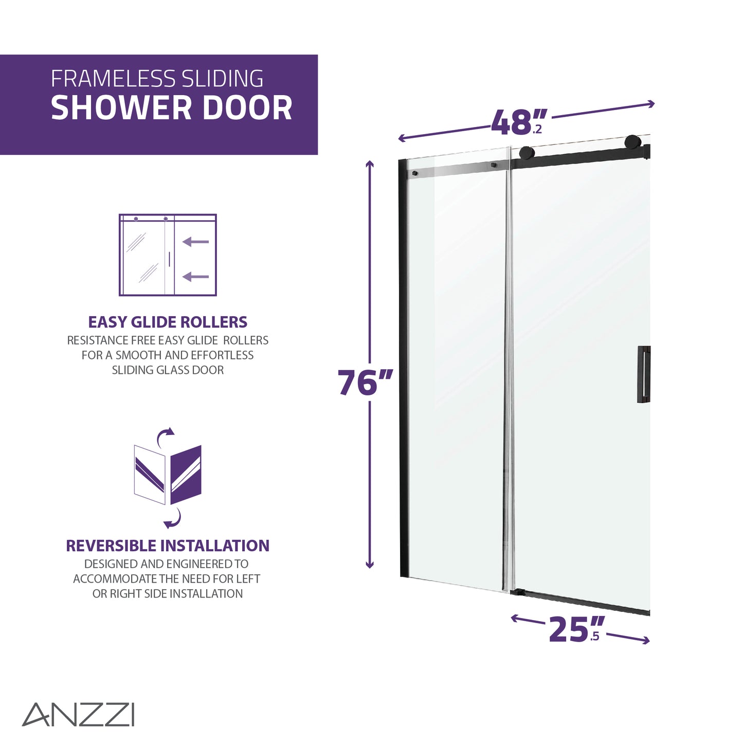 Rhodes Series 48 in. x 76 in. Frameless Sliding Shower Door with Handle