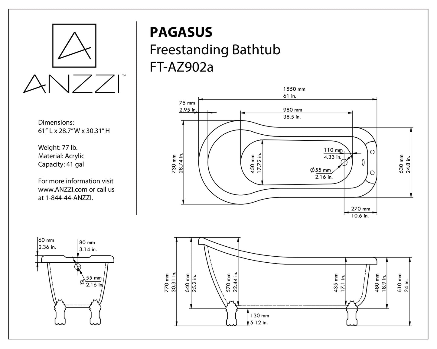 Pegasus 5 ft. Claw Foot One Piece Acrylic Freestanding Soaking Bathtub in Glossy White