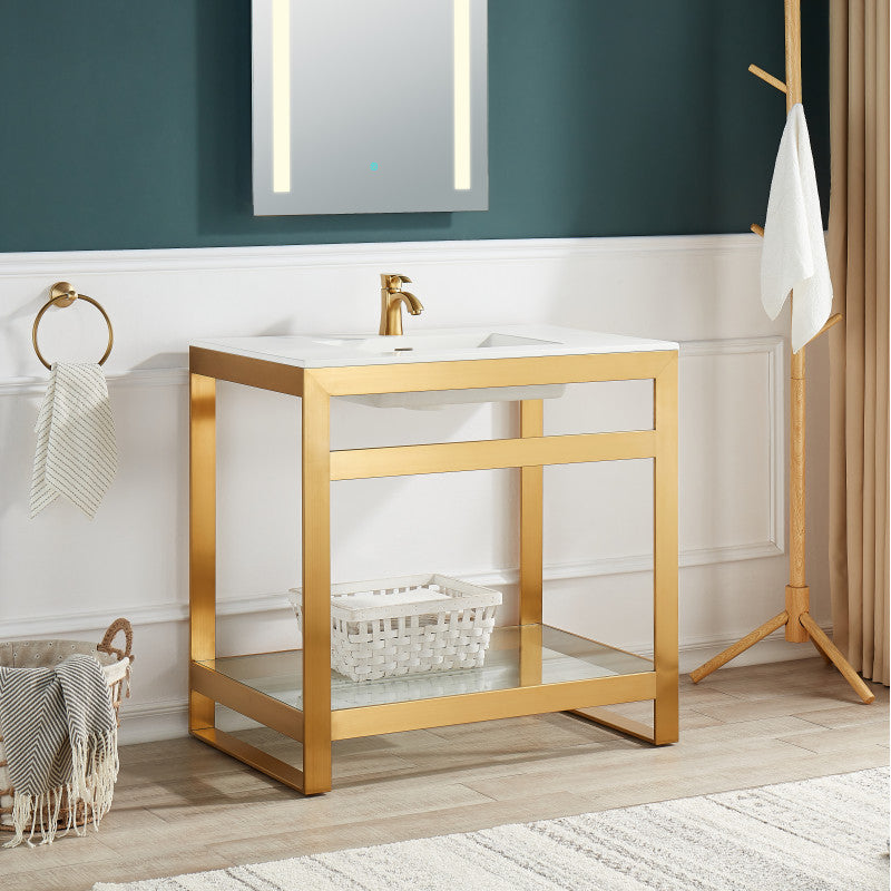 Orchard 36 in. Console Sink in Brushed Gold with Glossy White Counter Top