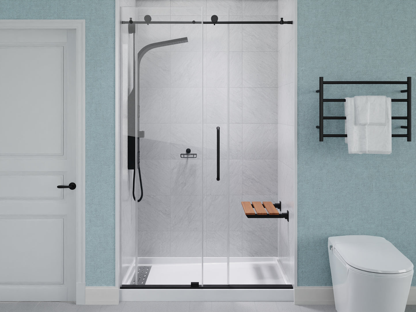 AC-AZ202MB - Bohemian 18.7 in. Teak Wall Mounted Folding Shower Seat in Matte Black