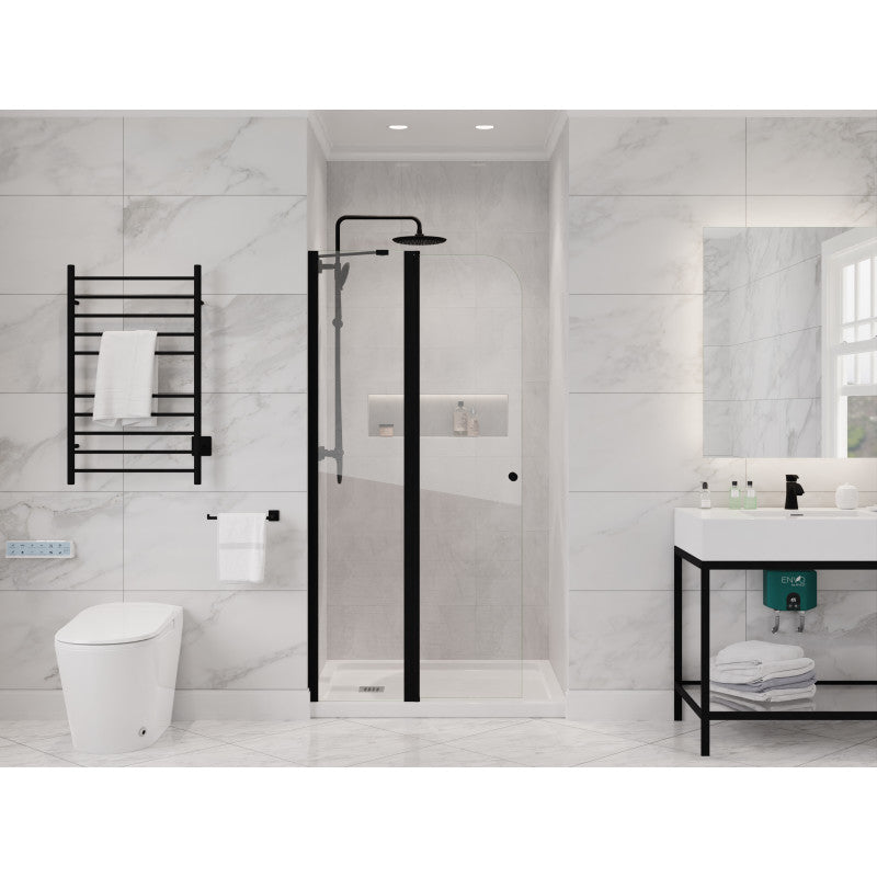SD-AZ14-01MB - Romance Series 33.3 in. x 72 in. H Hinged Frameless Shower Door in Matte Black with Tsunami Guard Tempered Glass