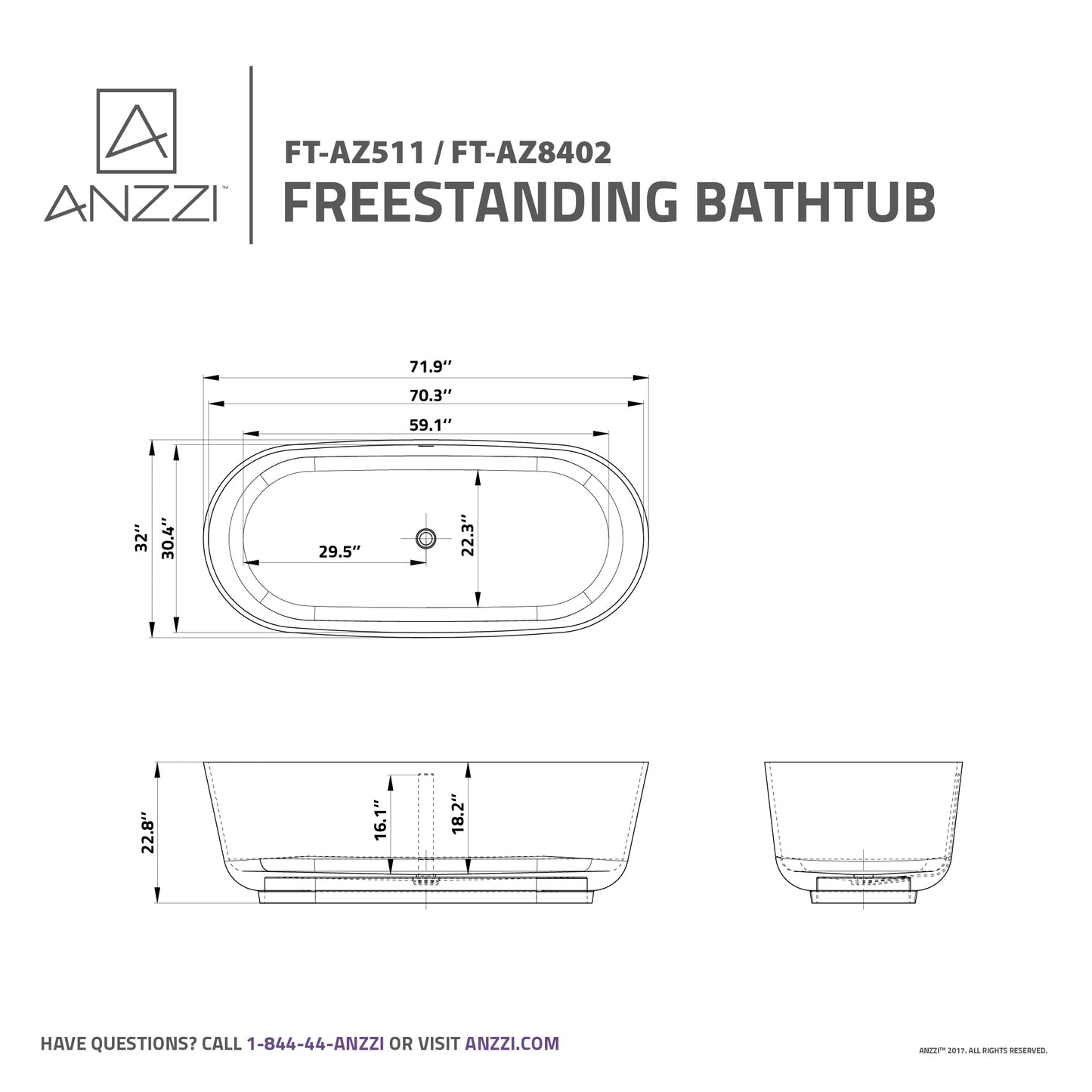Sabbia Series 71 in. x 32 in. Flat Bottom Solid Surface Freestanding Soaking Bathtub with Center Drain in Matte White