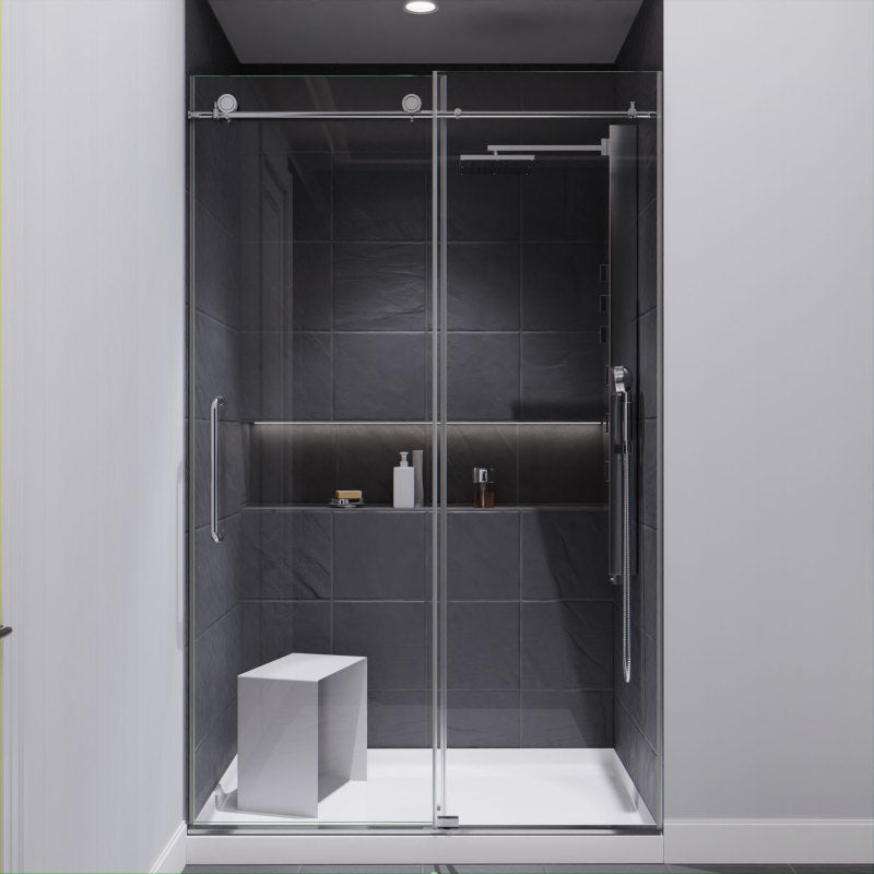 SD-AZ13-01CH - Madam Series 48 in. x 76 in. H Sliding Frameless Shower Door in Chrome with Tsunami Guard Tempered Glass and Handle