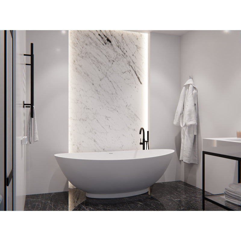 Ala Series 74 in. x 34 in. Flat Bottom Solid Surface Freestanding Soaking Bathtub with Center Drain in Matte White