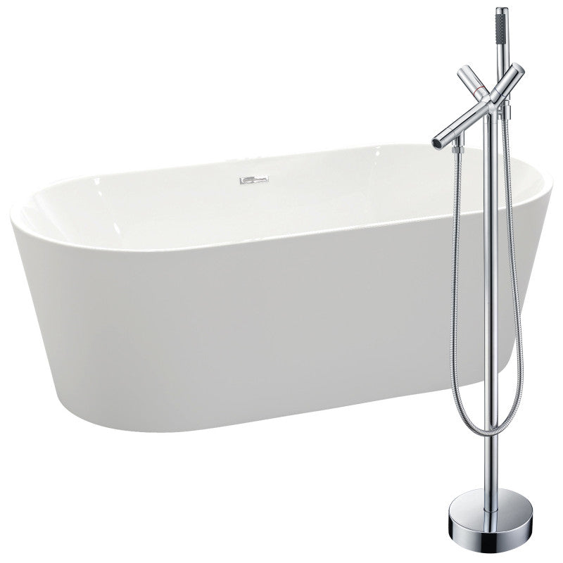 FTAZ098-0042C - Chand Series 67 in. x 32 in. Flat Bottom Freestanding Soaking Bathtub with Center Drain and Faucet in Glossy White