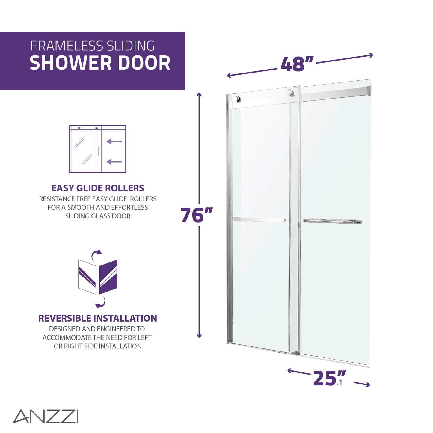 Kahn Series 48 in. x 76 in. Frameless Sliding Shower Door with Horizontal Handle
