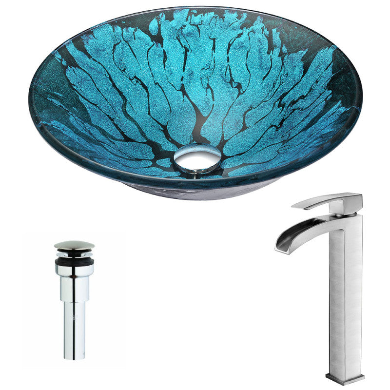 LSAZ046-097B - Key Series Deco-Glass Vessel Sink in Lustrous Blue and Black with Key Faucet in Brushed Nickel
