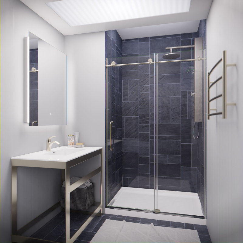 SD-AZ13-01BN - Madam Series 48 in. x 76 in. H Sliding Frameless Shower Door in Brushed Nickel with Tsunami Guard Tempered Glass