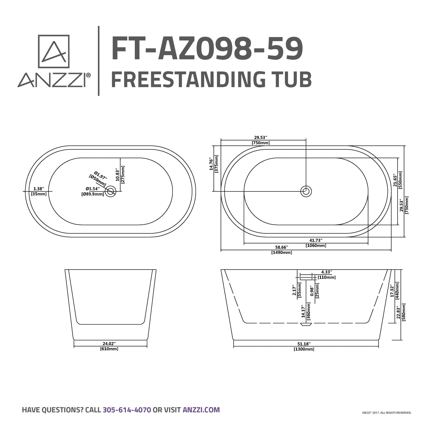 Chand Series 59 in. x 30 in. Flat Bottom Acrylic Freestanding Soaking Bathtub with Center Drain in Glossy White
