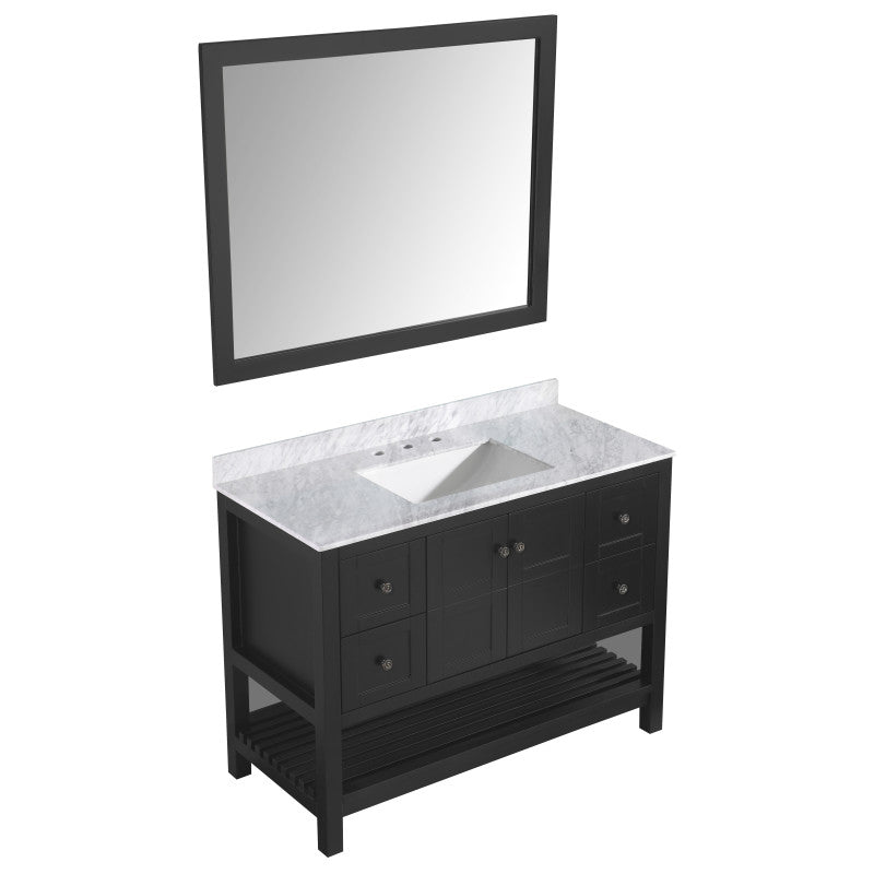 VT-MRCT1048-BK - Montaigne 48 in. W x 22 in. D Bath Vanity in Black with Marble Vanity Top in Carrara White with White Basin and Mirror