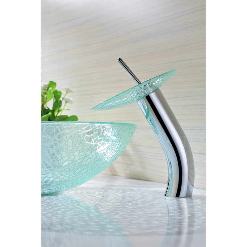 Paeva Series Deco-Glass Vessel Sink in Crystal Clear Chipasi with Matching Chrome Waterfall Faucet