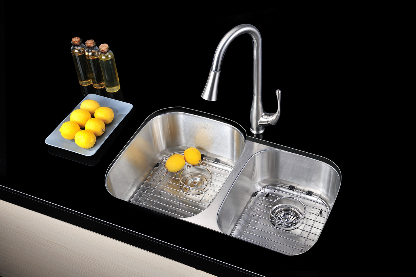 Moore Series 15.75 in. Undermount Double Bowl 16 Gauge Brushed Satin Finish Stainless Steel Kitchen Sink with Drain